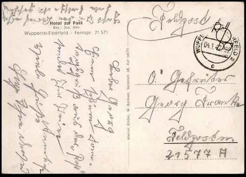 ALTE POSTKARTE WUPPERTAL ELBERFELD HOTEL ZUR POST BESITZER JOS. AHN BAR FELDPOST 1942 Ansichtskare AK cpa postcard