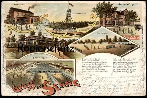 ALTE LITHO POSTKARTE GRUSS AUS DER SENNE TRUPPENÜBUNGSPLATZ SENNELAGER PADERBORN SOLDATEN WACHTLOCAL SENNEKRUG Soldat AK