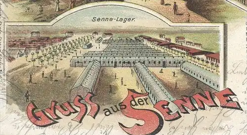 ALTE LITHO POSTKARTE GRUSS AUS DER SENNE TRUPPENÜBUNGSPLATZ SENNELAGER PADERBORN SOLDATEN WACHTLOCAL SENNEKRUG Soldat AK