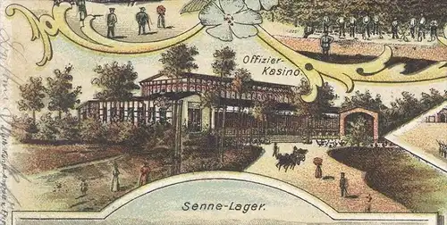 ALTE LITHO POSTKARTE GRUSS AUS DER SENNE TRUPPENÜBUNGSPLATZ SENNELAGER PADERBORN SOLDATEN WACHTLOCAL SENNEKRUG Soldat AK