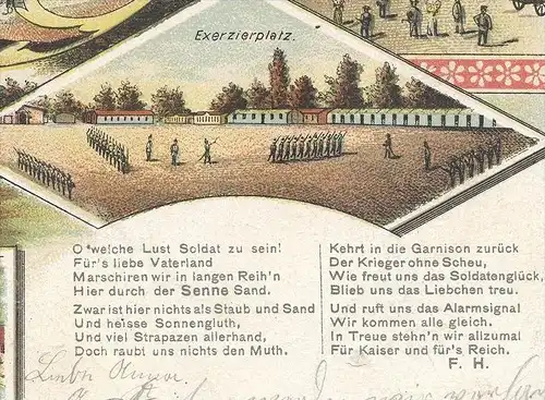 ALTE LITHO POSTKARTE GRUSS AUS DER SENNE TRUPPENÜBUNGSPLATZ SENNELAGER PADERBORN SOLDATEN WACHTLOCAL SENNEKRUG Soldat AK