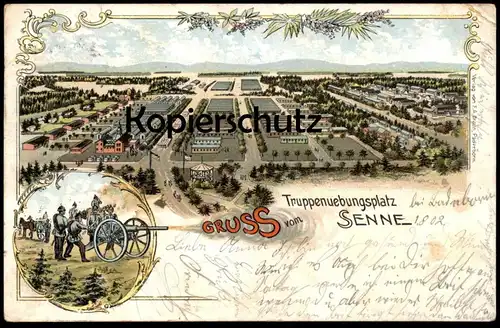 ALTE LITHO POSTKARTE GRUSS VOM TRUPPENUEBUNGSPLATZ SENNE SENNELAGER PADERBORN SOLDATEN GESCHÜTZ soldats soldiers cannon