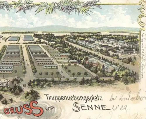 ALTE LITHO POSTKARTE GRUSS VOM TRUPPENUEBUNGSPLATZ SENNE SENNELAGER PADERBORN SOLDATEN GESCHÜTZ soldats soldiers cannon