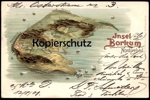 ALTE LITHO POSTKARTE INSEL BORKUM NORDSEEBAD OSTLAND HOHE HÖRN NORDSTRAND BADESTRAN WESTLAND SÜDSTRAND LANDUNGSBRÜCKE AK