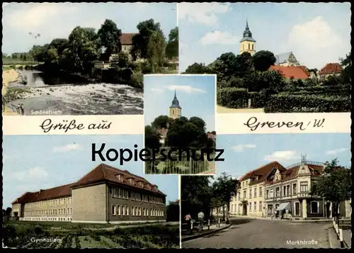 ÄLTERE POSTKARTE GRÜSSE AUS GREVEN GYMNASIUM MARKTSTRASSE ST. MARTIN SCHÖNEFLIETH Schule school ecole Ansichtskarte AK