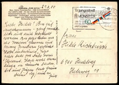 ÄLTERE POSTKARTE GREVEN GASTSTÄTTE ZUM AATAL Strasse Sprakel - Greven Kegelbahn piste de quilles bowling alley ninepin