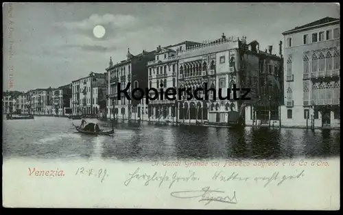ALTE POSTKARTE VENEZIA IL CANAL GRANDE 1899 COL PALAZZO SAGREDO di notte at night nuit Mondschein moonlight Nacht Venice