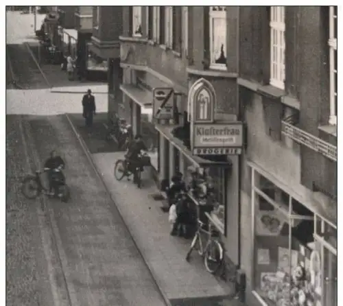 ÄLTERE POSTKARTE LEVERKUSEN SCHLEHBUSCH MANFORTER STRASSE Klosterfrau Drogerie Werbung Fahrrad bike bicyclette vélo