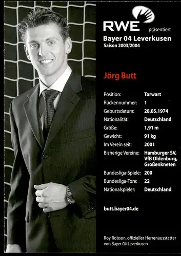 AUTOGRAMMKARTE JÖRG BUTT BAYER LEVERKUSEN AUTOGRAPH Autogramm Karte autographe Torwart Goal Keeper gardien de but goalie