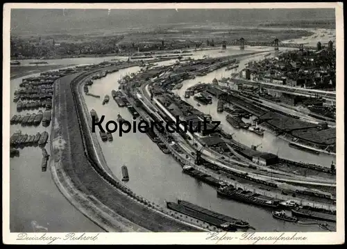 ALTE POSTKARTE DUISBURG RUHRORT HAFEN-FLIEGERAUFNAHME 1932 Frachtschiff Schiff port cargo freight ship canal postcard