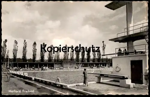 ÄLTERE POSTKARTE HERFORD FREIBAD Schwimmer Sprungturm Schwimmbad Piscine Swimming Pool Bad Ansichtskarte AK cpa postcard