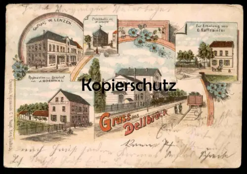 ALTE LITHO POSTKARTE GRUSS AUS KÖLN DELLBRÜCK BAHNHOF KAUFHAUS TRINKHALLE LENZEN RESTAURATION ODENTHAL Station Gare cpa