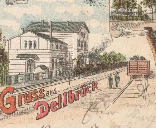 ALTE LITHO POSTKARTE GRUSS AUS KÖLN DELLBRÜCK BAHNHOF KAUFHAUS TRINKHALLE LENZEN RESTAURATION ODENTHAL Station Gare cpa