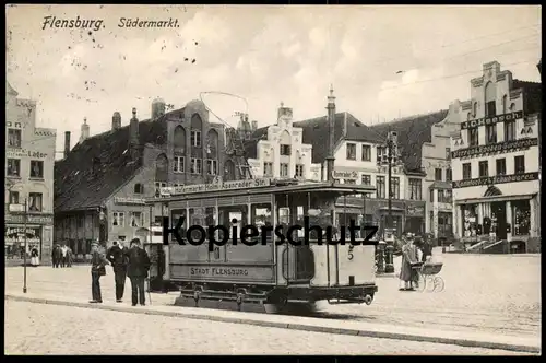 ALTE POSTKARTE FLENSBURG SÜDERMARKT STRASSENBAHN NR. 5 Hafermarkt Holm Apenrader Str. Tram Tramway Central-Theater Wurst