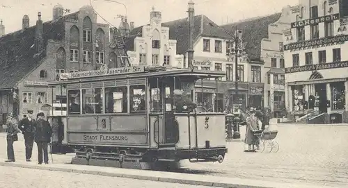 ALTE POSTKARTE FLENSBURG SÜDERMARKT STRASSENBAHN NR. 5 Hafermarkt Holm Apenrader Str. Tram Tramway Central-Theater Wurst