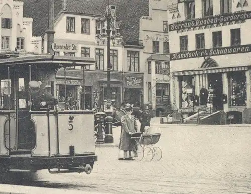 ALTE POSTKARTE FLENSBURG SÜDERMARKT STRASSENBAHN NR. 5 Hafermarkt Holm Apenrader Str. Tram Tramway Central-Theater Wurst