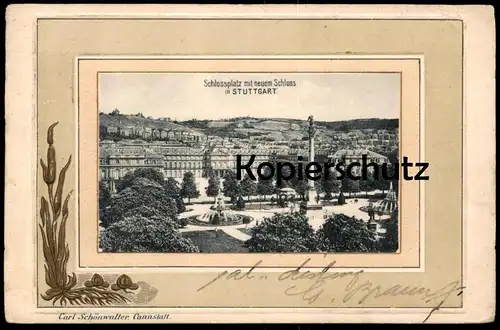 ALTE JUGENDSTIL PRÄGE POSTKARTE STUTTGART SCHLOSSPLATZ MIT NEUEM SCHLOSS Passepartout vergoldet Prägekarte gaufrée AK