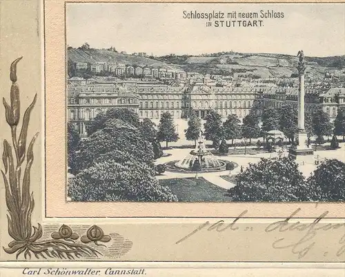 ALTE JUGENDSTIL PRÄGE POSTKARTE STUTTGART SCHLOSSPLATZ MIT NEUEM SCHLOSS Passepartout vergoldet Prägekarte gaufrée AK