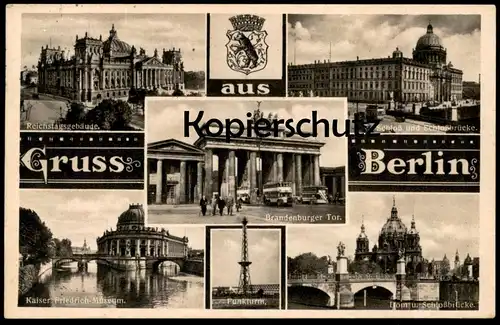 ALTE POSTKARTE GRUSS AUS BERLIN 1936 WAPPEN BRANDENBURGER TOR REICHSTAG SCHLOSS DOM FUNKTURM Ansichtskarte cpa postcard