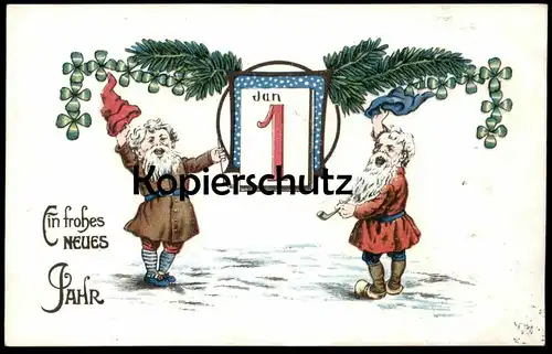 ALTE POSTKARTE ZWERGE EIN FROHES NEUES JAHR 1. JANUAR Zwerg Neujahr new year bonne année dwarf midget Pfeife pipe cpa