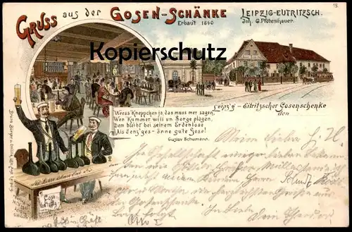 ALTE LITHO POSTKARTE GRUSS AUS DER GOSEN-SCHÄNKE LEIPZIG EUTRITZSCH 1896 GOSENSCHÄNKE Studentika Studentica postcard