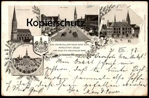ALTE LITHO POSTKARTE GRUSS AUS LÜNEBURG 1897 AM SANDE ST. NICOLAI-KIRCHE RATHHAUS MUSEUM cpa postcard AK