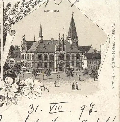 ALTE LITHO POSTKARTE GRUSS AUS LÜNEBURG 1897 AM SANDE ST. NICOLAI-KIRCHE RATHHAUS MUSEUM cpa postcard AK
