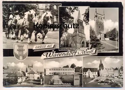 ÄLTERE POSTKARTE GRÜSSE AUS WARENDORF MARKTPLATZ REITSCHULE KIRCHE Vierspänner Attelage à quatre Four-in-hand Horse cpa