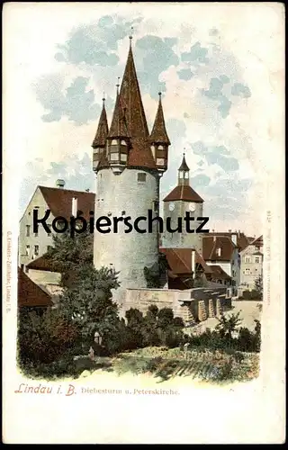 ALTE LITHO POSTKARTE LINDAU IM BODENSEE DIEBESTURM UND PETERSKIRCHE Turm tower Kirche church église Ansichtskarte AK cpa