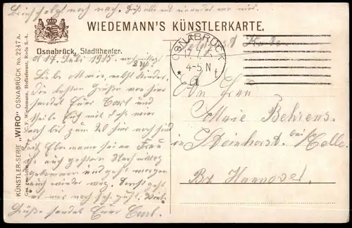 ALTE POSTKARTE OSNABRÜCK STADTTHEATER 1915 PAAR WIEDEMANN'S KÜNSTLERKARTEN WIRO No. 2247 A Feldpost Theater Theatre cpa