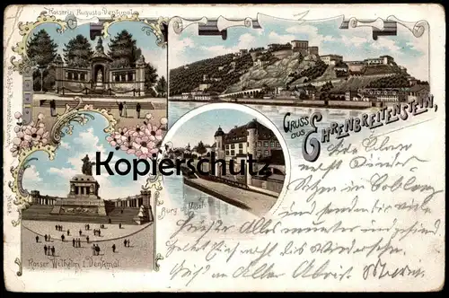 ALTE LITHO POSTKARTE GRUSS AUS EHRENBREITSTEIN KAISERIN AUGUSTA KAISER WILHELM DENKMAL FESTUNG Mosel Monument Koblenz AK