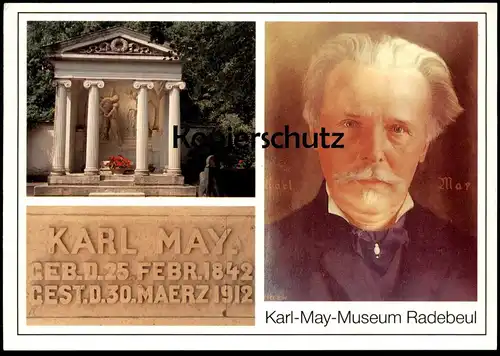 POSTKARTE KARL MAY MUSEUM RADEBEUL Ruhestätte auf Friedhof Funeral Cemetery Cimetière Porträt Ansichtskarte cpa postcard