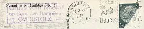 ALTE POSTKARTE JUGENDBURG STAHLECK BEI BACHARACH KÖLN-DÜSSELDORFER RHEINDAMPFSCHIFFAHRT SCHIFFSSTEMPEL OVERSTOLZ KD AK