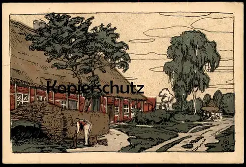 ALTE POSTKARTE KÜNSTLERSTEINZEICHNUNG STEINDRUCK LÜNEBURGER HEIDE Dorfkathe Steinzeichnung Ansichtskarte cpa AK postcard