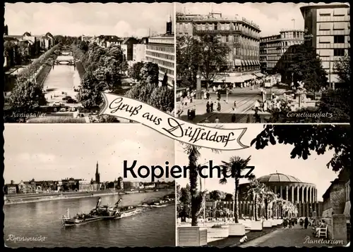ÄLTERE POSTKARTE GRUSS AUS DÜSSELDORF KÖNIGSALLEE RHEINANSICHT PLANETARIUM Frachtschiff freight cargo ship Schiff cpa AK