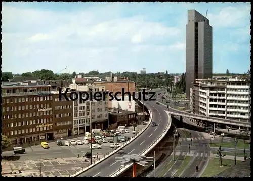 ÄLTERE POSTKARTE DÜSSELDORF HOCHSTRASSE & HOCHHAUS DER PHOENIX-RHEINROHR AG Handelsblatt Industriekurier VW Bulli Käfer