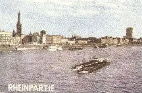 ÄLTERE POSTKARTE DÜSSELDORF RHEINPARTIE FRACHTER Schubverband Freight ship Cargo Radschläger Benrath Märchenbrunnen AK