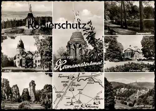 ÄLTERE POSTKARTE GRUSS VOM HERMANNSDENKMAL DETMOLD Lippische Schweiz Donoper Teich Landkarte Herford Rinteln Lemgo map