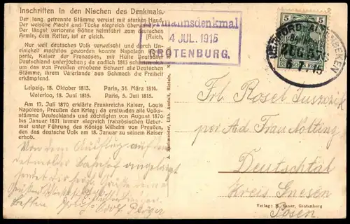 ALTE POSTKARTE HERMANNSDENKMAL TEUTOBURGER WALD DETMOLD STEMPEL 04.07.1915 GROTENBURG Bahnpoststempel Herford Altenbeken