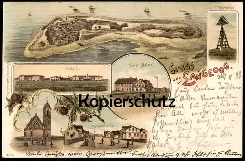 ALTE LITHO POSTKARTE GRUSS AUS LANGEOOG 1899 HOTEL MEINEN SEEZEICHEN HOSPIZ HOSPITZSTRASSE KIRCHE Ansichtskarte AK cpa
