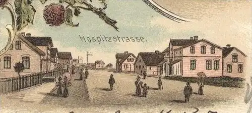 ALTE LITHO POSTKARTE GRUSS AUS LANGEOOG 1899 HOTEL MEINEN SEEZEICHEN HOSPIZ HOSPITZSTRASSE KIRCHE Ansichtskarte AK cpa