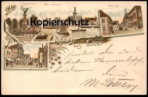 ALTE LITHO POSTKARTE GRUSS AUS LEER 1895 C. FR. SAUL MÜHLENSTRASSE KRIEGERDENKMAL NEUESTRASSE HAFEN Verlag Rosenblatt