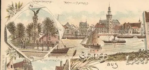 ALTE LITHO POSTKARTE GRUSS AUS LEER 1895 C. FR. SAUL MÜHLENSTRASSE KRIEGERDENKMAL NEUESTRASSE HAFEN Verlag Rosenblatt