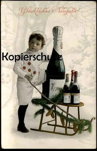 ALTE POSTKARTE GLÜCKLICHES NEUJAHR KIND MIT SCHLITTEN & SEKT Champagne Sleigh sparkling wine montage photo surrealsime