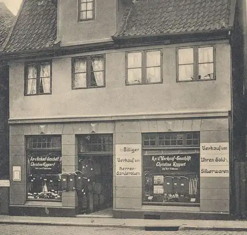 ALTE POSTKARTE ITZEHOE AN- & VERKAUF GESCHÄFT KIPPERT UHREN GOLD SILBER HERREN- UND KINDERGARDEROBEN CARL F. SCHRÖDER AK