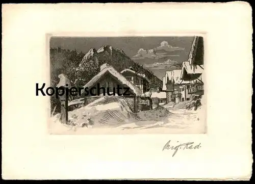 ÄLTERE KÜNSTLER KARTE GARMISCH-PARTENKIRCHEN FRÜHLINGSSTRASSE IM WINTER SCHNEE ORIGINAL RADIERUNG Doppelkarte Klappkarte