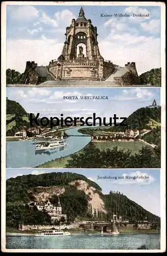 ALTE POSTKARTE PORTA WESTFALICA JACOBSBERG HÄNGEBRÜCKE KAISER-WILHELM-DENKMAL Schiff Dampfer Steamer Ansichtskarte cpa