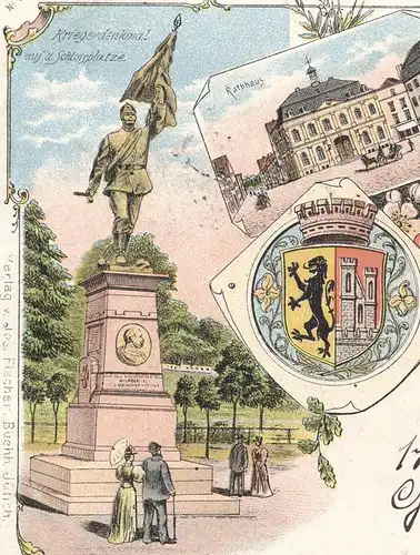 ALTE LITHO POSTKARTE GRUSS AUS JÜLICH 1897 KRIEGERDENKMAL ROERBRÜCKE BRÜCKENKOPF WAPPEN Ansichtskarte AK cpa postcard