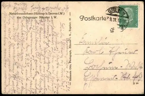 ALTE POSTKARTE HÜTTRUP BEI GREVEN NATURFREUNDEHAUS DER ORTSGRUPPE MÜNSTER WESTFALEN Pfadfinder boy scout Ansichtskarte