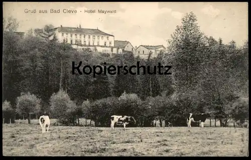 ALTE POSTKARTE GRUSS AUS BAD CLEVE HOTEL MAYWALD KERMISDAHL KÜHE COW Kuh vache 1916 PRÜF-STEMPEL P.K. ROT Kleve AK cpa